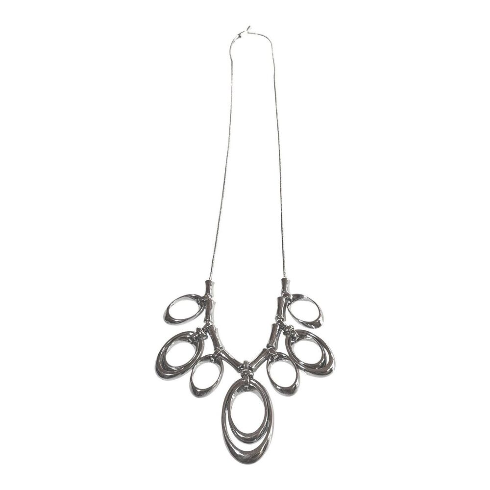Bold Chunky Silver Tone Abstract Oval Statement Necklace Adjustable Up To 14”
